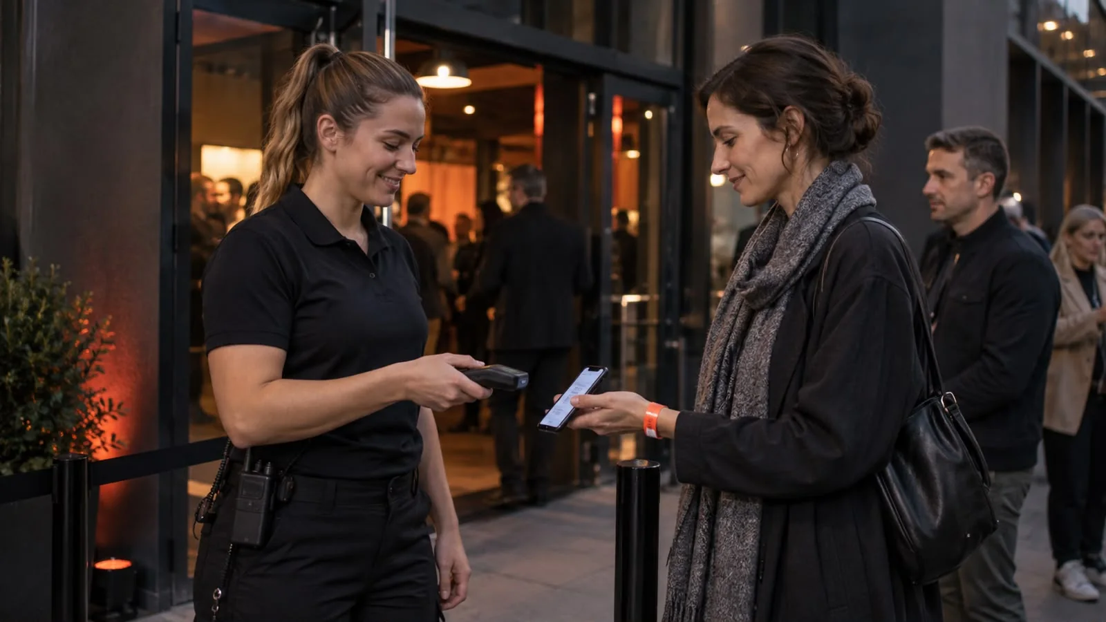 Mitarbeiterin im Sicherheitsdienst scannt am Eingang einer Veranstaltung ein Ticket auf dem Mobiltelefon einer Besucherin.