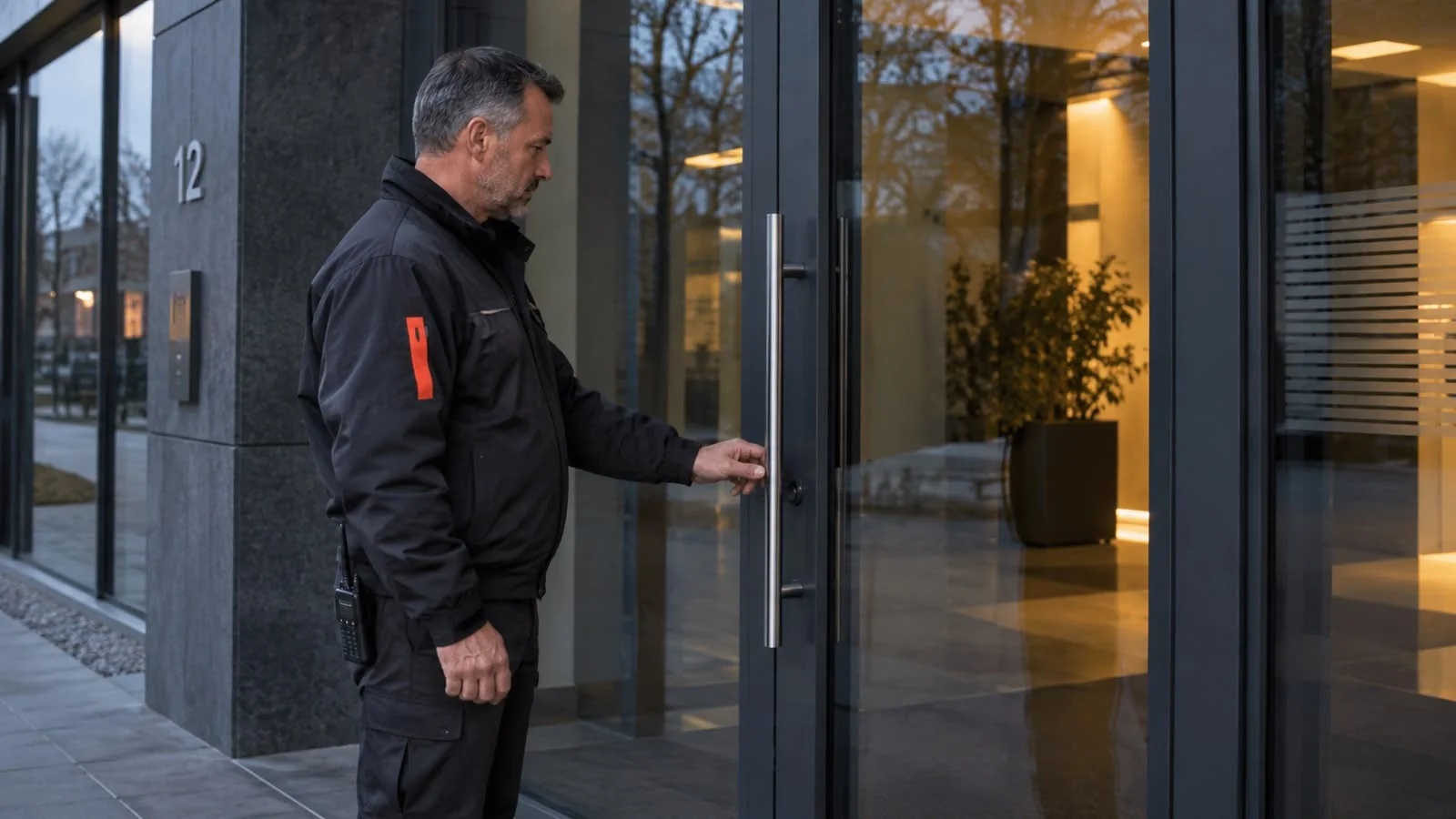 Mitarbeiter im Sicherheitsdienst prüft in der Dämmerung den Eingang eines Geschäftsgebäudes.