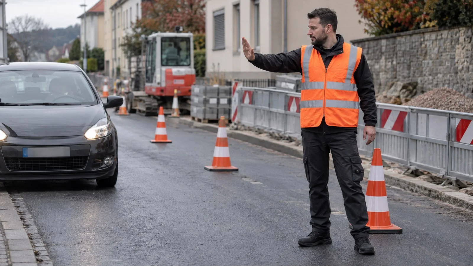 Mitarbeiter in orangefarbener Warnweste regelt den Verkehr von Hand an einer Baustelle; Leitkegel und Bauabschrankung auf der Fahrbahn.